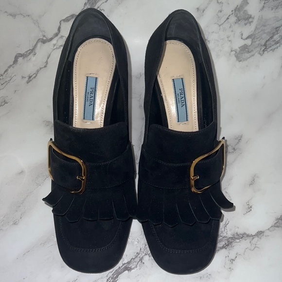 Prada Shoes - Prada Suede Buckle Fringe Block Heels